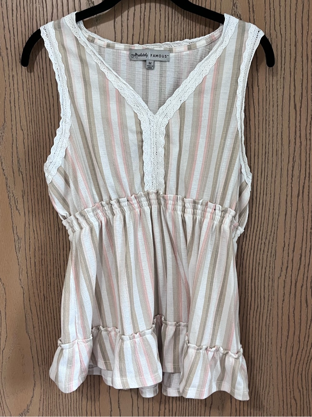 Absolutely Famous Striped Lace V-Neck Babydoll Peplum Tank Top Size M